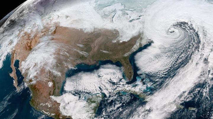 A view from space via the GOESeast satellite showing the massive winter storm pounding the eastern seaboard of the United States on Jan. 4th, 2018.